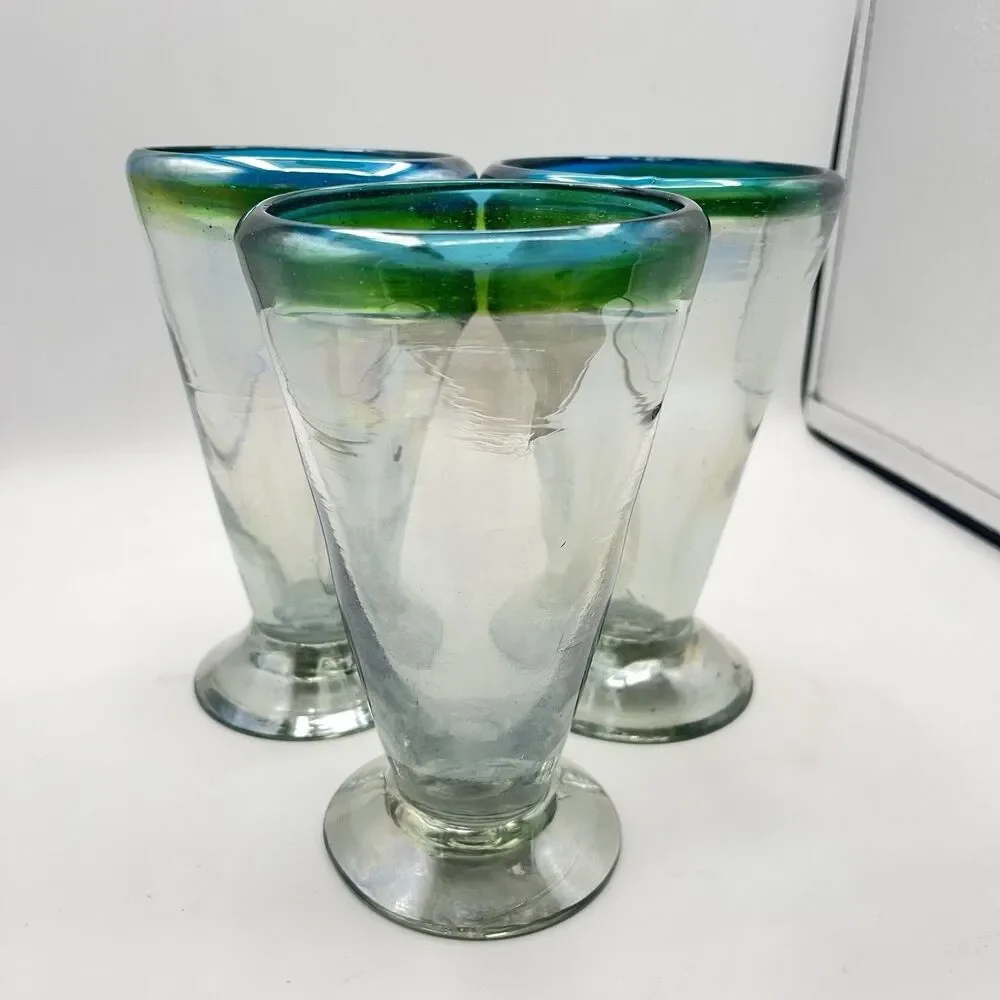 Three Hand Blown Stemware V-Shaped Glasses All Iridescent Green & Blue Band